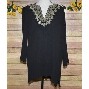 Cathy Daniels Ladies Black Tunic Blouse Top Size M Embroidered V-Neck Crystals